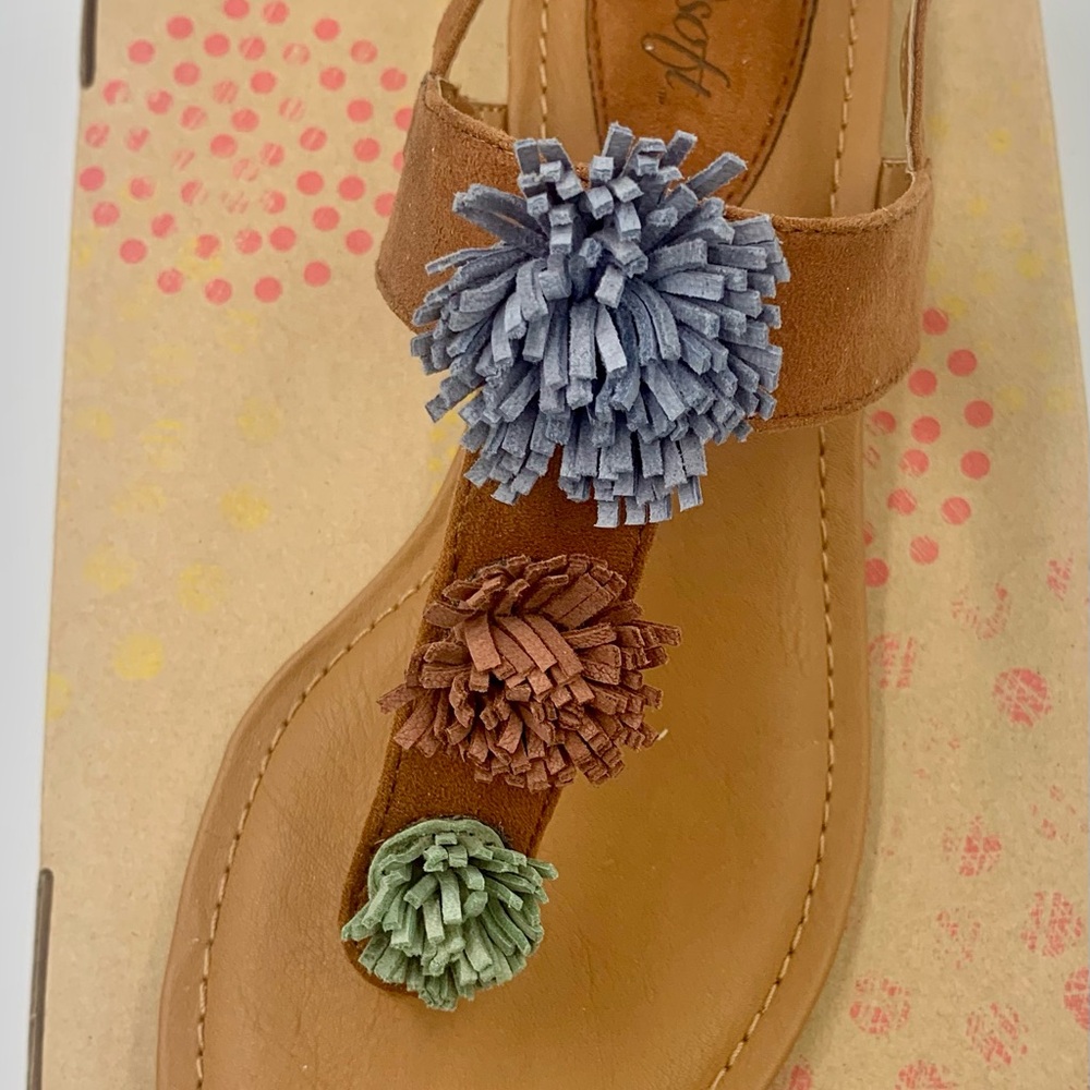 Women’s Pom Pom T-Strap Sandal - Brown with Multi Pom